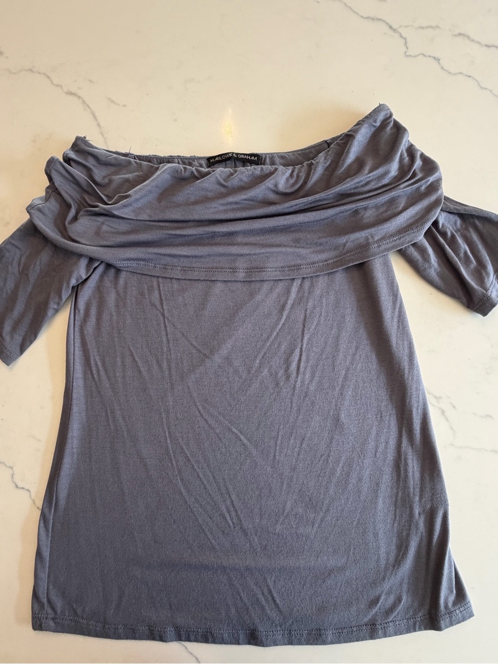 Harlowe & Graham Off-Shoulder Slate Blue Draped Neck Top